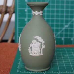 Wedgwood Sage Green Jasperware Bud Vase 5 Inch Classical Muse Lyre England
